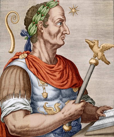 Juliusz Cezar, z „Prawdziwe portrety i żywoty wybitnych ludzi” (kolorowa grawerunek) autorstwa Andre (after) Thevet