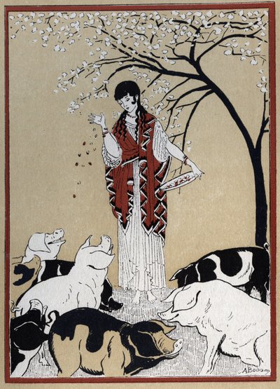 Odyseja Homera: „Czarownica Circe i towarzysze Odyseusza zamienili się w świnie” (Odyseja Homera: „Czarownica Circe i towarzysze Odyseusza zmienili się w świnie”) Ilustracja Andre Bonamy (1880-1943) w „The Powrót Ulissesa” Jean Baptiste Cois autorstwa Andre Bonamy