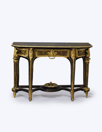 Jeden z pary brązowych szylkretowych pomostów montowanych na ormolu, ok. 1710 (ormolu, mosiężna inkrustacja, szylkret i skóra) (patrz również 360580) autorstwa Andre Charles (attr. to) Boulle