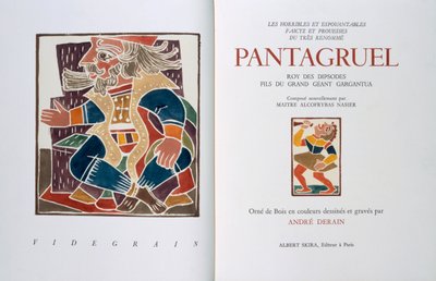 Strona tytułowa "Les horribles et espouvantables faictz et prouesses du tres renomme Pantagruel, Roy des Dipsodes, fils du grand geant Gargantua. Compose nouvellement par Maitre Alcofybras Nasier", autor: Francois Rabelais (ok. 1494-1553) 1943 (drzeworyt) autorstwa Andre Derain