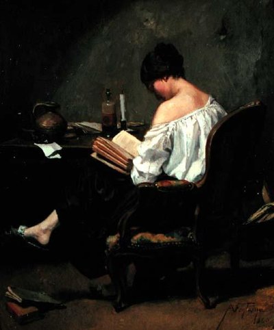 Dziewczyna czytająca przy świecach autorstwa Andre Fontaine