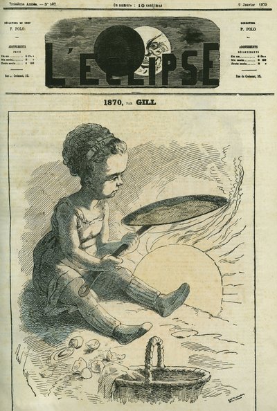 1870, kuchnia towarzyska: mała dziewczynka gotuje naleśnik w rozgrzanym słońcem piecu. Okładka w „” L