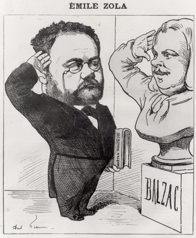 Karykatura Emila Zoli (1840-1902) Pozdrawiając Popiersie Honore de Balzac (1799-1850) 1878 autorstwa Andre Gill