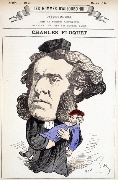 Karykatura Charlesa Floqueta (1828-1896), prawnika i przewodniczącego Rady w latach 1888-1889. W pojedynku zranił generała Boulangera, którego idee walczył. Rysunek Gilla w „The Men of Today””. autorstwa Andre Gill