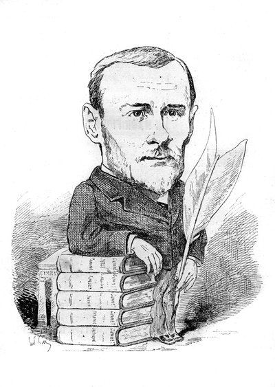 Karykatura Georgesa Ohneta (1848-1918), francuskiego pisarza reprezentującego swoimi książkami i piórem. Rysunek autorstwa Andre Gilla. Grawerowanie w „”Le Monde Illustré”” autorstwa Andre Gill
