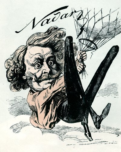 Rysunek Feliksa Nadara, pioniera zdjęć lotniczych z 1858 roku, zwisający z balonu (rycina) autorstwa Andre Gill