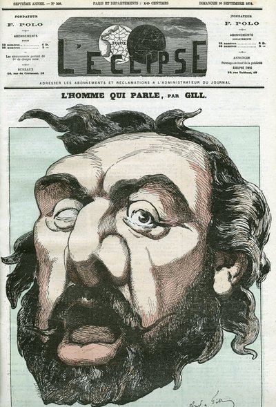 Karykatura „człowieka, który mówi””, Leon Gambetta (1838-1882), polityk francuski. Okładka w „L