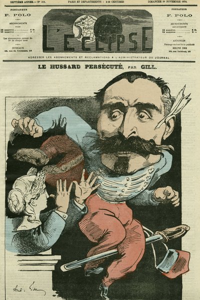 Karykatura „” prześladuje husarię (przez Marianne robi sobie nos), Monsieur de Saint-Genest (Saint Genest). Okładka w „”Zaćmieniu”” autorstwa Gilla, 29 listopada autorstwa Andre Gill