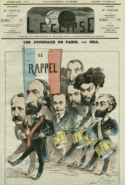 Karykatura „”odwołanie”” Republique przez gazety paryskie, z Paulem Meurice (1818-1905), Augustem Vacquerie (1819-1895), Gaulierem, Blumem, Lefevrem, D