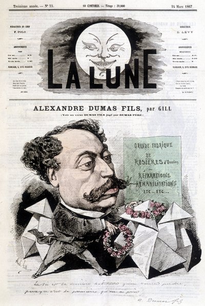 Komiks rysujący na Alexandre Dumas Fils autorstwa Gilla. Okładka „La Lune” z 24.03.1867. autorstwa Andre Gill