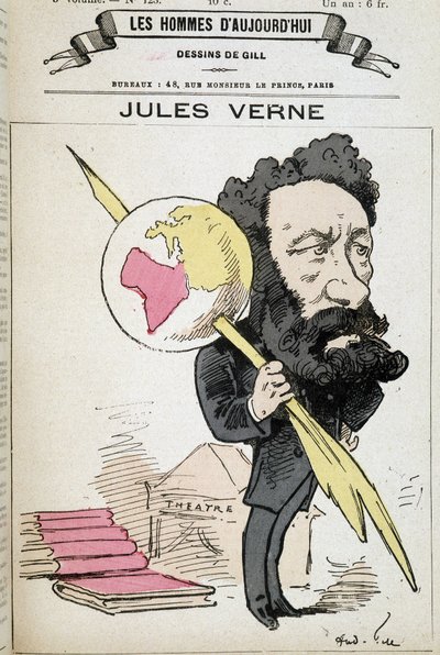 Juliusz Verne ściska ziemię piórem - autorstwa Gilla, w „Człowieku dnia dzisiejszego” autorstwa Andre Gill