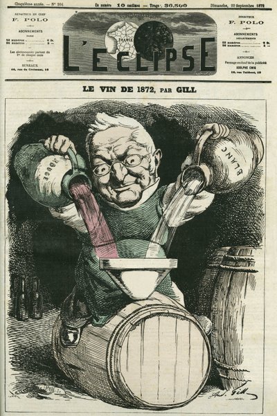 Le vin de 1872, ilustracja autorstwa Adolphe Thiersa mieszającego białe i czerwone wino (1797-1877), francuskiego historyka i męża stanu. Okładka w „” L