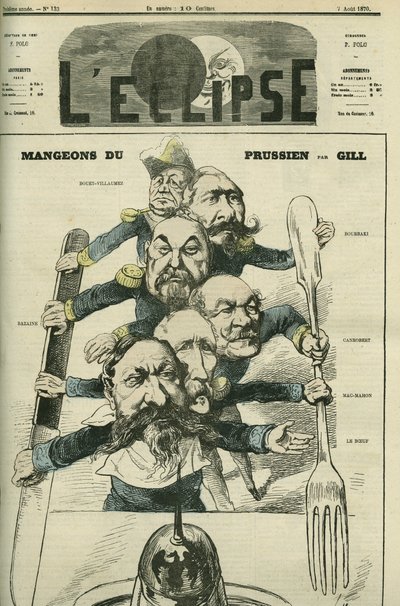 Zjedzmy Prusaków z generałami Le Boeuf (1806-1893), Mac-Mahon (1808-1893), Francois Achille Bazaine (Francois-Achille autorstwa Andre Gill