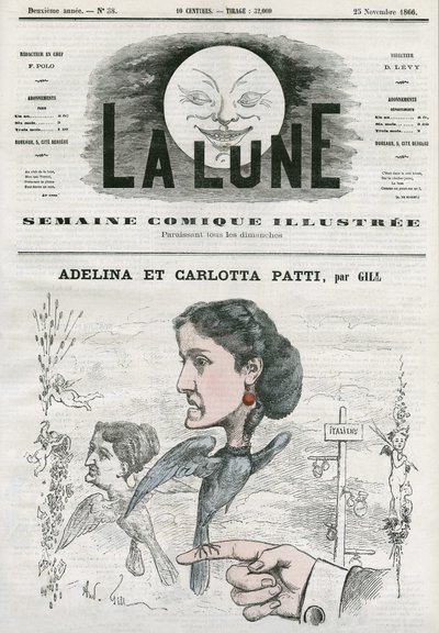 Portret Adeliny (1843-1919) i Carlotty Patti (1835-1889), włoskich śpiewaczek operowych. Karykatura Gilla, w „Księżycu”, 25 listopada autorstwa Andre Gill