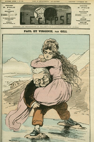 Portret Adolphe Thiersa (1797-1877), francuskiego historyka i polityka, reprezentowanego w „Paul et Virginie” (Republika). Okładka w „” L