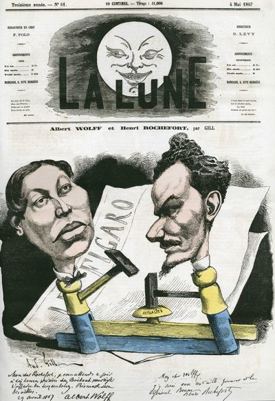 Portret Alberta Wolffa i Henri Rocheforta (1831-1913) francuskiego dziennikarza i polityka. Karykatura Gilla, w „Księżycu”, 4 maja autorstwa Andre Gill