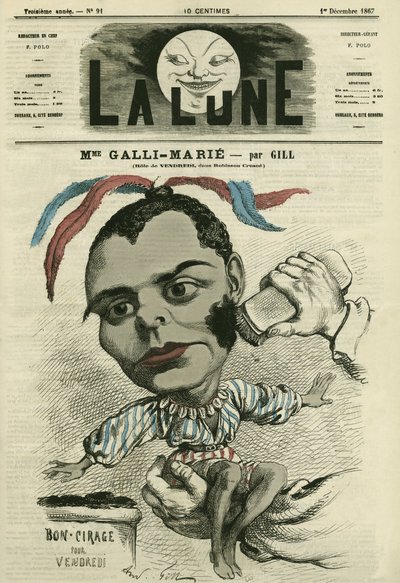 Portret Celestyny Galli-Marie (Galli Marie) (1840-1905), francuskiej śpiewaczki dla Opera-Comique. Karykatura Gilla, w „La Lune”, 1 grudnia autorstwa Andre Gill