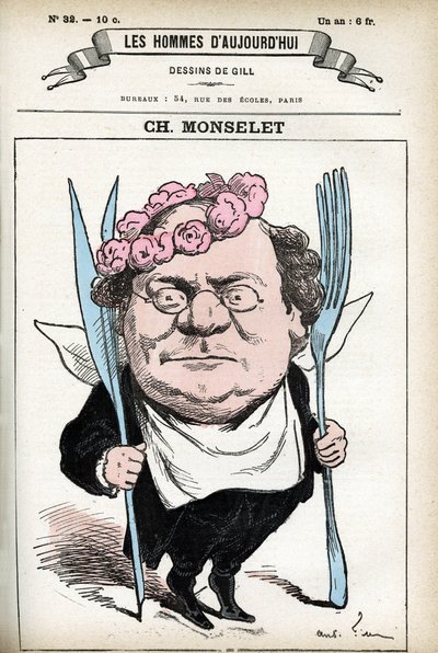 Portret Charlesa Monseleta (1825-1888), francuskiego poety, dziennikarza, powieściopisarza i gastronomii. Karykatura Gilla, w „Les Homme d
