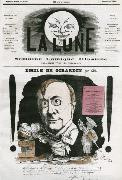 Portret Emile de Girardin (1806-1881), francuskiego dziennikarza. Karykatura Gilla, w „Księżycu”, 11 listopada autorstwa Andre Gill