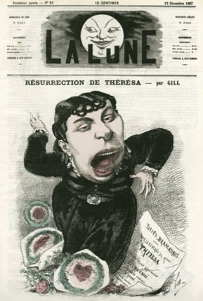 Portret Emmy Valladon dit Theresa (1837-1913), francuskiej śpiewaczki operetkowej. Karykatura Gilla, w „La Lune”, 15 grudnia autorstwa Andre Gill
