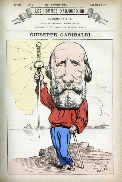 Portret Giuseppe Garibaldiego (1807-1882), włoskiego polityka. Karykatura Gilla, w „Les Homme Today”, Paryż autorstwa Andre Gill