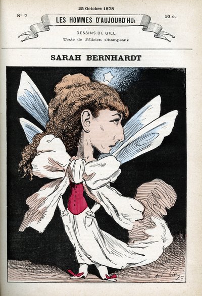 Portret Henriette Rosine Bernard dit Sarah Bernhardt (1844-1923), francuskiej aktorki teatralnej. Karykatura Gilla, Paryż. autorstwa Andre Gill