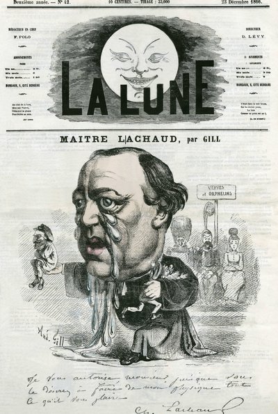 Portret Maitre Charlesa Lachauda (1817-1882), francuskiego prawnika. Karykatura Gilla, w „Księżycu”, 23 grudnia autorstwa Andre Gill