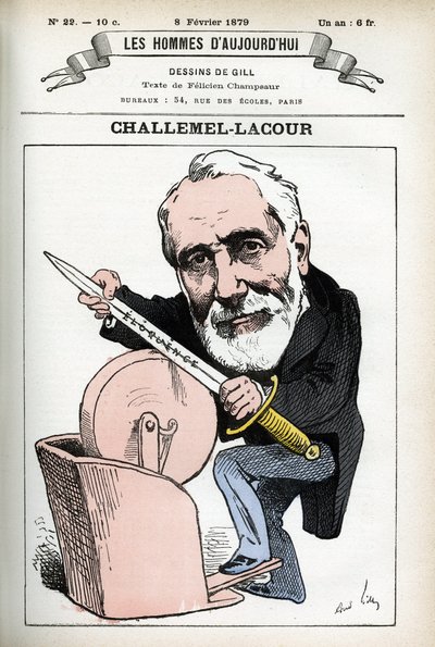 Portret Paula-Armanda Challemela-Lacoura (1827-1896), polityka, dyplomaty i historyka filozofii francuskiej. Karykatura Gilla, w „Les Homme d