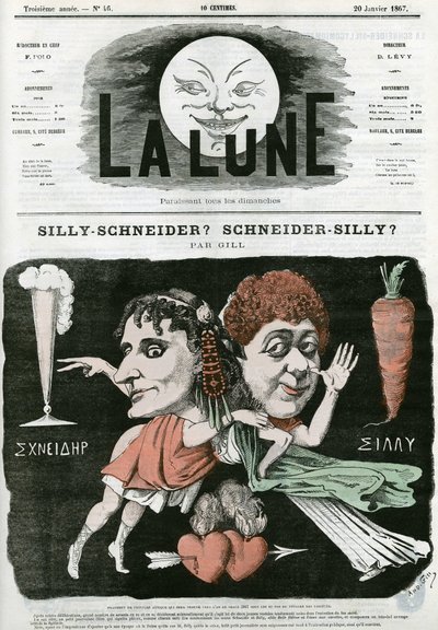 Głupi Schneider? Scheiner-Głupi? , karykatura fragmentu malarstwa antycznego. Karykatura Gilla, w „La Lune”, 20 stycznia autorstwa Andre Gill