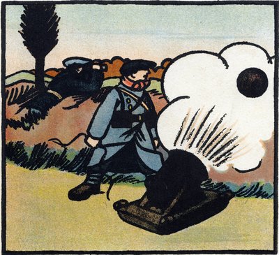 Pierwsza wojna światowa 1914-1918 (14-18): Wyrzutnia bomb. Francuski żołnierz wysyła bomby w kierunku wroga za pomocą armaty. Rycina w "Alfabecie Wielkiej Wojny 1914-1916 (dla dzieci naszych żołnierzy)". Editions Berger-Levrault autorstwa Andre Helle