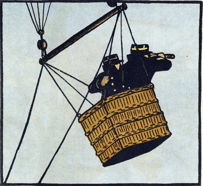 Pierwsza wojna światowa 1914-1918 (14-18): Obserwatorzy (posterunek obserwacyjny) armii francuskiej w balonie w niewoli próbujący dostrzec wroga. Rycina w "Alfabecie Wielkiej Wojny 1914-1916 (dla dzieci naszych żołnierzy)". Editions Berger-Levrault autorstwa Andre Helle