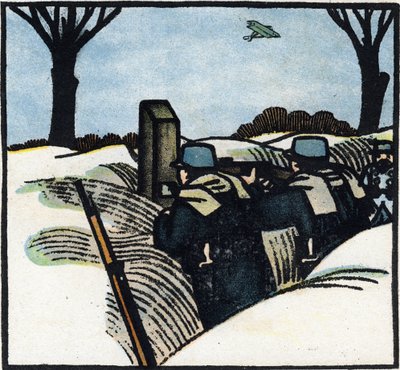 Pierwsza wojna światowa 1914-1918 (14-18): Żołnierze armii francuskiej w okopie (włochaci). Rycina w "Alfabecie Wielkiej Wojny 1914-1916 (dla dzieci naszych żołnierzy)". Editions Berger-Levrault autorstwa Andre Helle