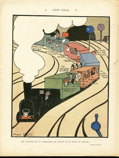 Ilustracja Andre Helle (1875-1945) w Le Rire, 25/01/08 - Mała prędkość - Transport, Pociąg Kolej, Kompania Zachodnia autorstwa Andre Helle