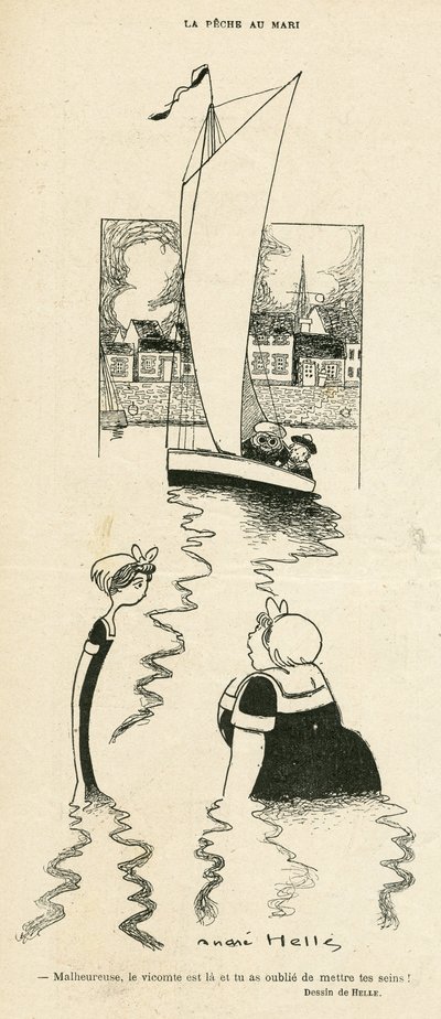 Ilustracja Andre Helle (1875-1945) w Le Rire, 03/09/10 - La peche au Mari - Czas wolny, Miłość, Morze, Morze nad morzem, Obeite, Yachting autorstwa Andre Helle