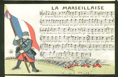 Pocztówka satyryczna w kolorach: Marsylianka - wojna 14-18 lat, Marsylianka, śpiewająca ilustracja Andre Helle (1875-1945) autorstwa Andre Helle