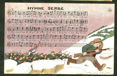 Pocztówka satyryczna w kolorach: Hymn Serbii - Wojna 14-18, Pieśń, Serbia - Żołnierze Ilustracja Andre Helle (1875-1945) autorstwa Andre Helle