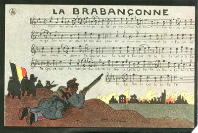 Pocztówka satyryczna w kolorach, około 1915 roku: La brabanconne - Wojna 14-18, Belgia, Chant - Żołnierze Ilustracja Andre Helle (1875-1945) autorstwa Andre Helle