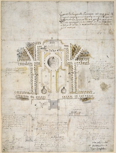 Projekt zagospodarowania ogrodu i parku przy Domu Królowej, Greenwich, 1662 (pióro, tusz i wash) autorstwa Andre Le Notre