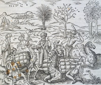 Arabscy kupcy w Syrii, rycina z Uniwersalnej kosmologii, Andre Thevet (1504-1592) autorstwa Andre Thevet