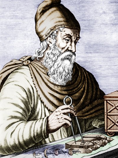 Archimede (287-212 avJC), grecki sycylijski fizyk i matematyk, grawerujący kolorowy dokument autorstwa Andre Thevet