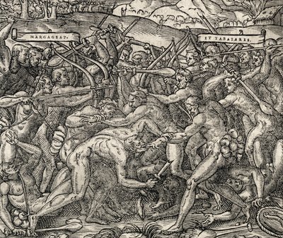 Bitwa między plemionami Margageaz i Tabajares, rycina z Uniwersalnej kosmologii, Andre Thevet (1504-1592) autorstwa Andre Thevet