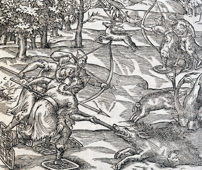 Indian polowanie na dzika, rycina z Uniwersalnej kosmologii, Andre Thevet (1504-1592), Paryż autorstwa Andre Thevet