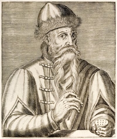 Johannes Gutenberg: niemiecki wynalazca, którego wynalezienie ruchomej prasy drukarskiej zapoczątkowało rewolucję drukarską, z „Prawdziwych portretów” André Théveta opublikowanych w 1584 r. autorstwa Andre Thevet