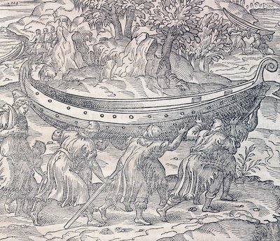 Lapończycy przenoszący swoje łodzie z miejsca na miejsce, rycina z Uniwersalnej kosmologii, Andre Thevet (1504-1592), Paryż autorstwa Andre Thevet