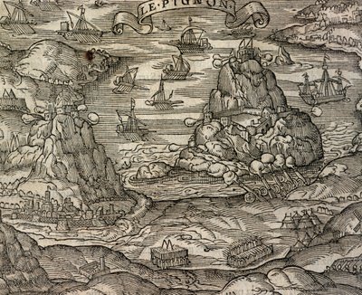 Bitwa morska w pobliżu wyspy Le Pignon, rycina z Cosmographie universelle, Andre Thevet (1504-1592), Paryż autorstwa Andre Thevet