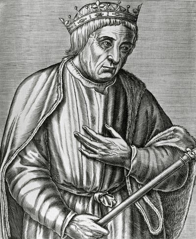 Portret króla Polski Kazimierza III Wielkiego (1310-1370), sztych z Les Vrais pourtraits et Lives des Hommes illustres autorstwa Andre Thevet