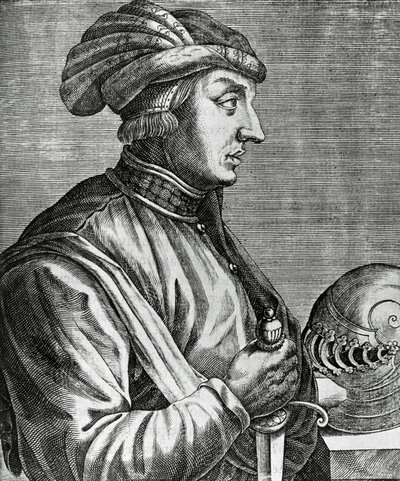 Portret Castruccio Castracaniego (ok. 1281-1328), lorda Lukki, rycina z książki Prawdziwe portrety i żywoty wybitnych ludzi autorstwa Andre Thevet