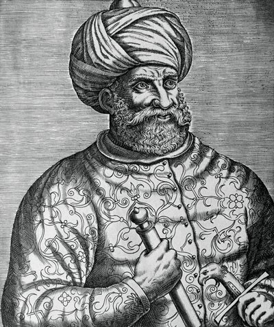 Portret Khayr al-Din, znany jako Barbarossa (1465-1546), turecki korsarz i admirał, rycina Andre Thevet (1502-1590) autorstwa Andre Thevet