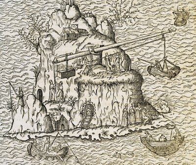Technika transportu łodzi na Krecie, grawer z La Cosmographie Universelle, Andre Thevet autorstwa Andre Thevet