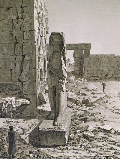 Widok Kolosa przy wejściu do sal hipostylowych pałacu w Karnaku, Teby, tablica 20 z tomu III „Opisów Egiptu”, sztychowana przez Baltarda, 1822 (akwatinta) autorstwa Andre after Dutertre